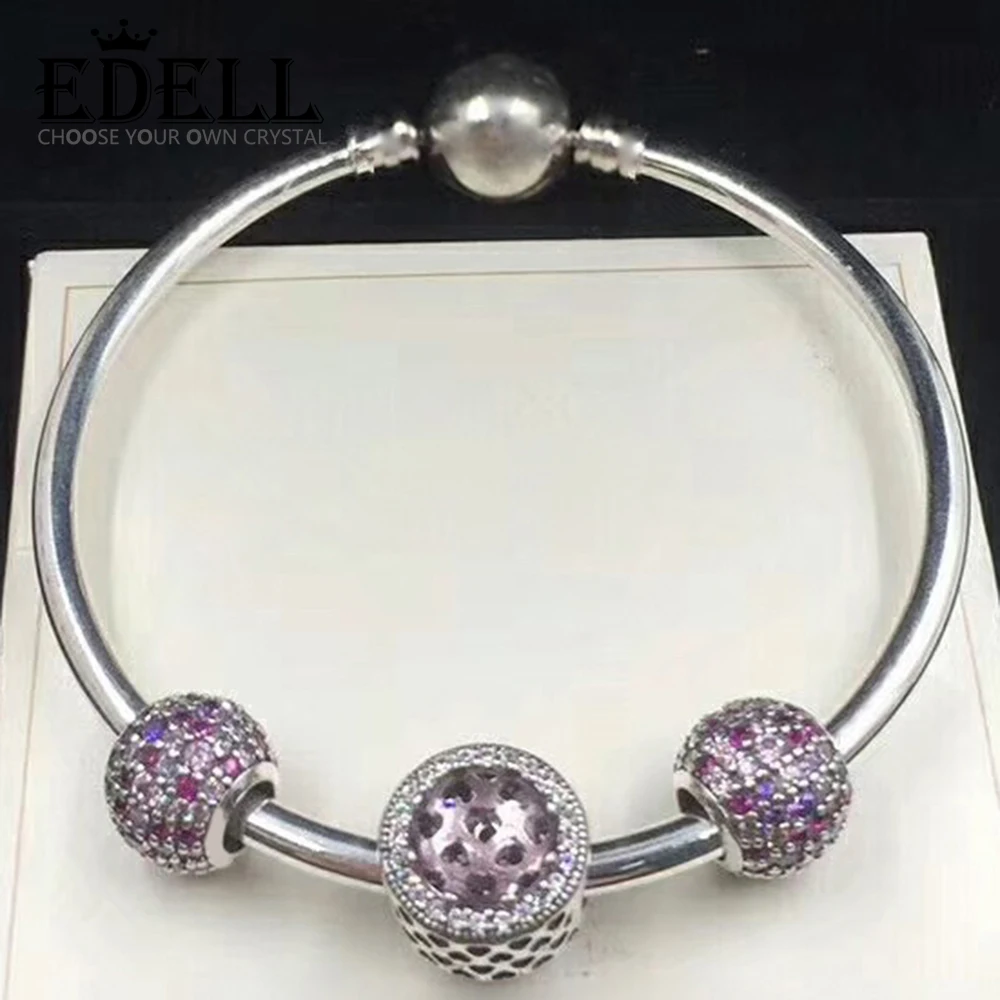 

EDELL 100% 925 Sterling Silver 791261ACZMX Pink & Purple Pave Ball Silver Charm Radiant Hearts Charm, Crystal Clear Bracelet Set