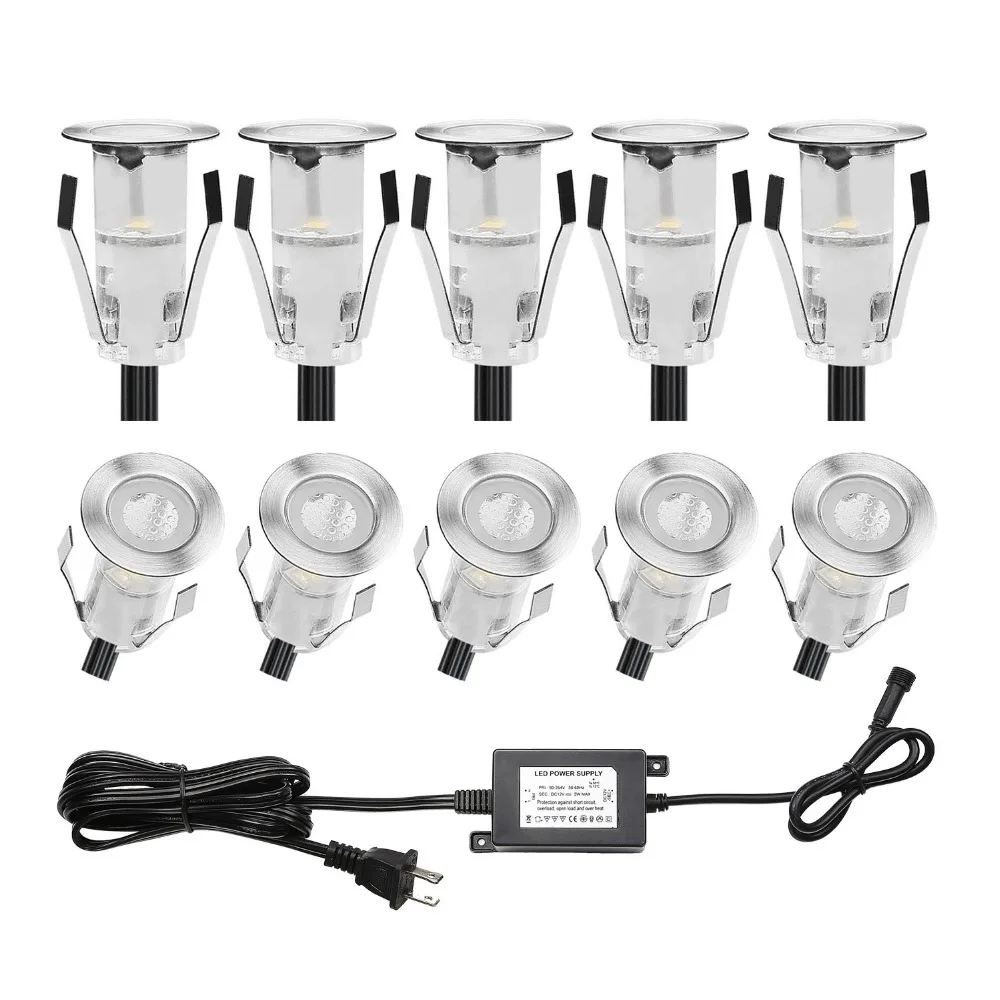 

LED Deck Lights Kit 10 Pack 12VDC Outdoor Power Adaptor induded 10pcs IP67 Waterproof in Ground Lights Patio Steps Stair
