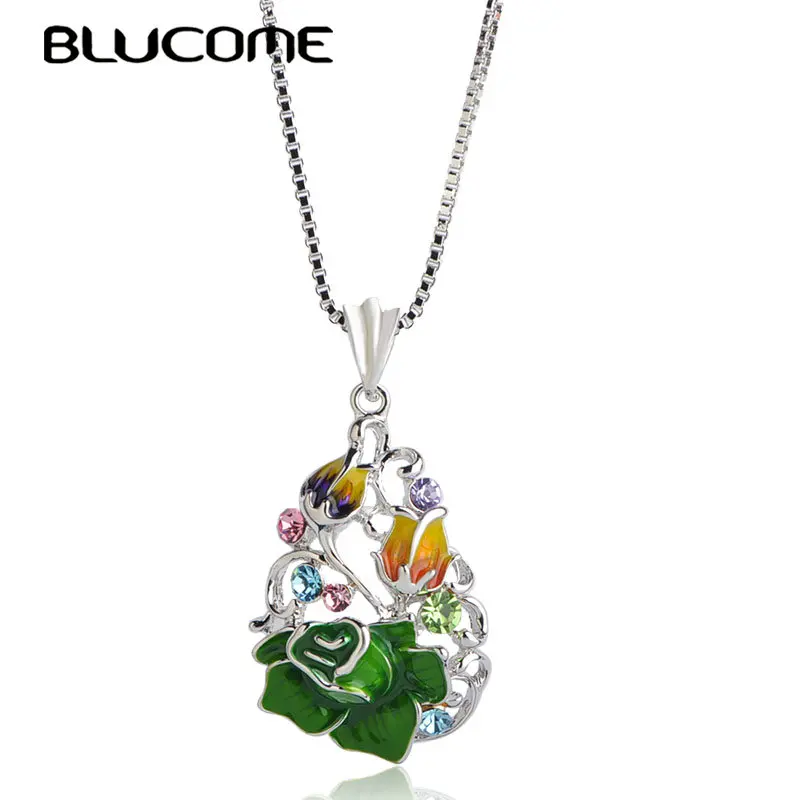 

Blucome 2018 Trendy Green Enamel Rose Flower Long Pendant Necklace Alloy Gold Color Dripping Sliding Jewelry For Women Wedding