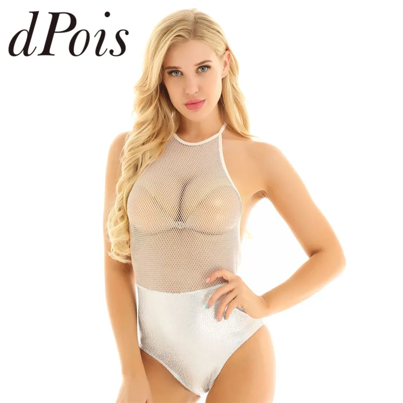 

Women One-piece Lingerie Top See Through Fishnet Halter Neck Sleeveless Backless High Cut Leotard Bodysuit Swimwear Clubwear
