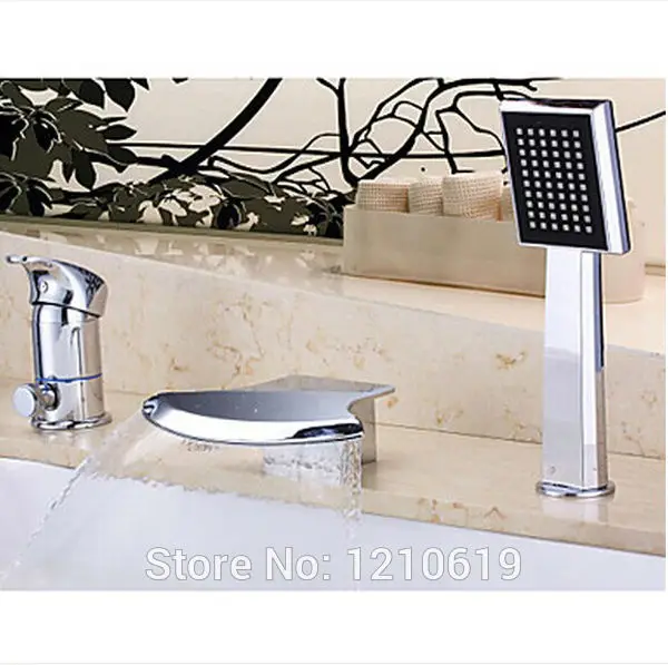 

US Free Shipping Wholesale And Retail Modern Fashion 3Pcs Bathtub Faucet Set Waterfall Single Handle With Hand Shower Deck Mount