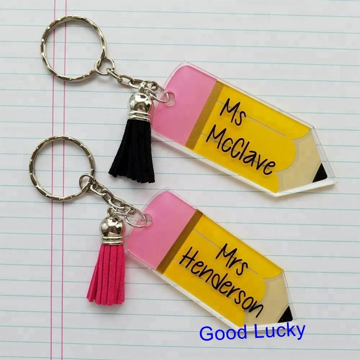 

20pcs/lot Wholesale Hot Sell Personalized Teacher Appreciation Gift Backpack Tag Acrylic Pencil Keychain with Tassel