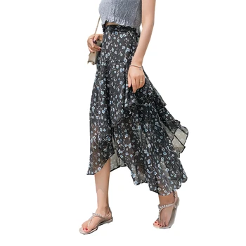 

High Waist Chiffon Floral Summer Skirt Fashionable Temperament Asymmetrical Women's Skirt Small Fresh Sweet Wild Faldas Mujer