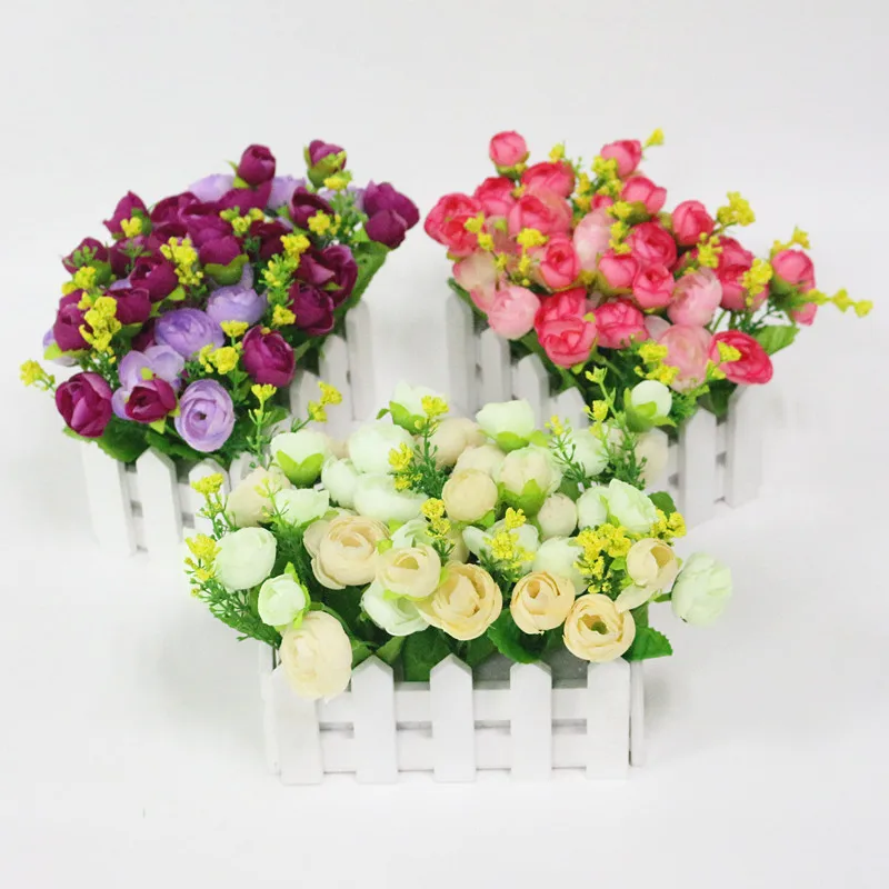 Flone Wedding Decor Artificial Tea Rose Simulation Artificial Flowers Small Potted Plant Fake Rose Set With White Picket Fence (4)