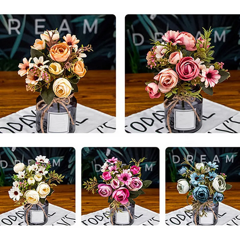 

12 flower heads Vintage Silk Flower European Artificial Fall Vivid Peony Fake Leaf for DIY Wedding Home Party Decoration