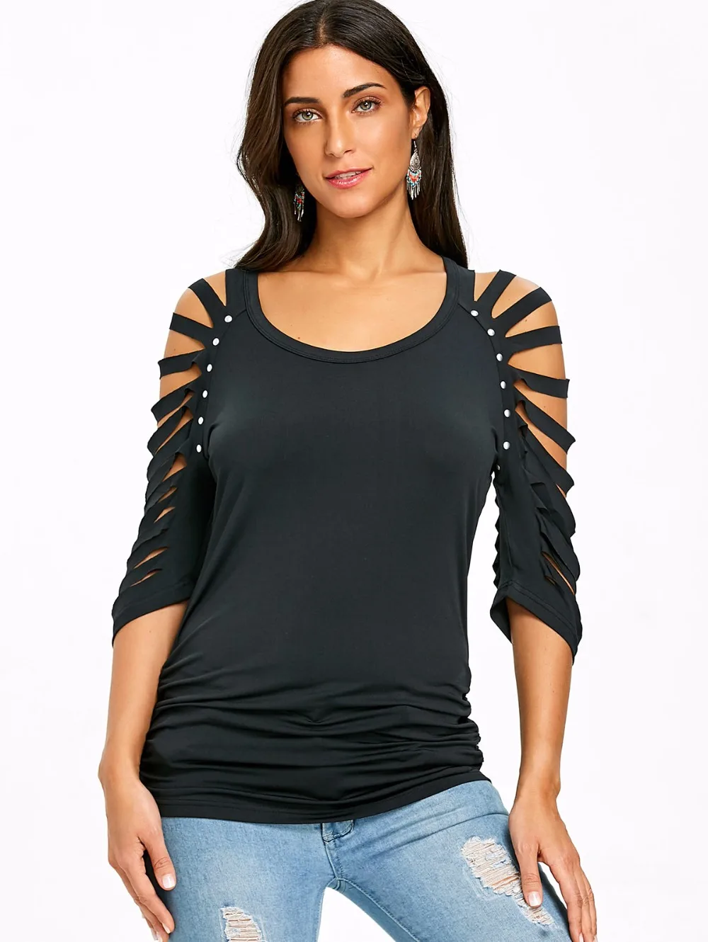 VESTLINDA T-Shirt Scoop Neck Ripped Raglan Sleeve T-Shirt Women Clothing Summer 2018 Causual Black Slim Fit T Shirts Tops Tees 5