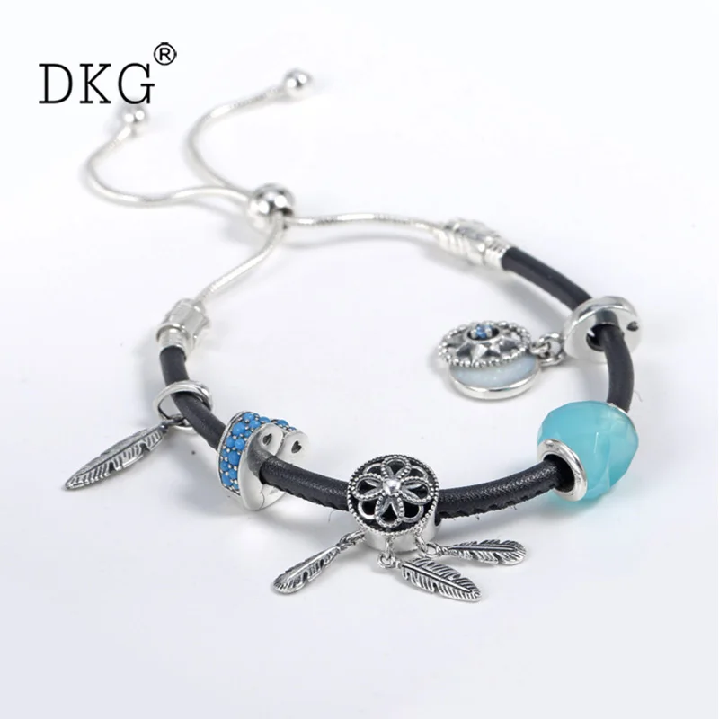 

2019 Genuine 100% 925 Sterling Silver Black Leather Rope Blue Foundation Set Women Bracelet Fashion Charm DIY Jewelry Production