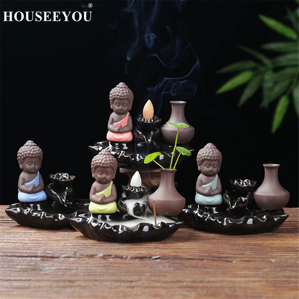 HOUSEEYOU Будда обратного потока благовоний горелка керамика маленький монах держатель для ароматических палочек с вазой декор дома кадильница для ароматерапии
