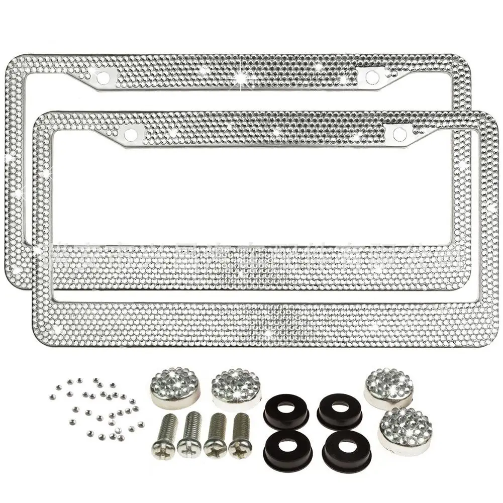 

Dragonpad 2pcs/set Luxury Handcrafted Bling Shimmer 8 Row Rhinestone Trim Stainless Steel License Plate Frame