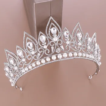 

Fashion Design Bride Crown Crystal Pearl Princess Wedding Big Crown Hairband Gold/Silver Color Bridal Hair Accessories Tiaras