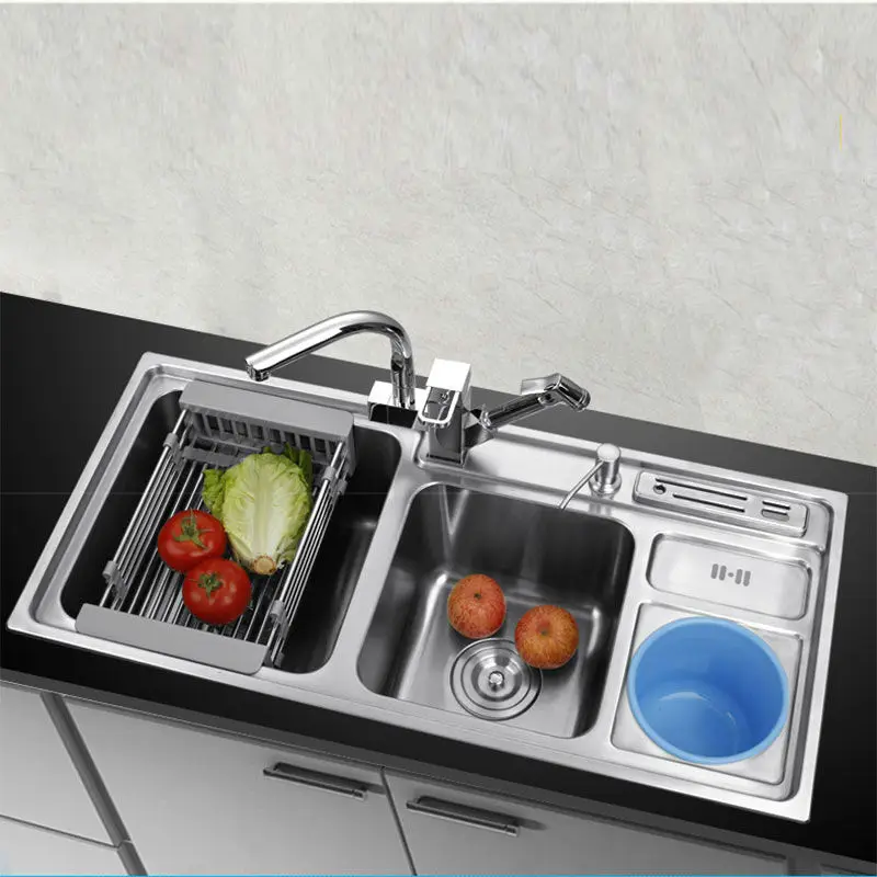 multifunctional kitchen sink Stainless steel brushed   double bowl Drawing drainer hot and cold water faucet  free shipping sink 3