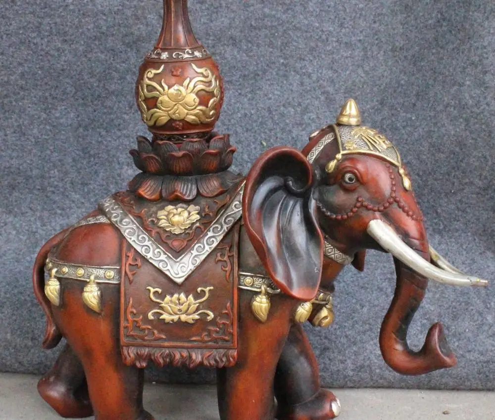 

12" Chinese Purple Bronze Gild Auspicious Elephant Lotus Bottle Vase Statue