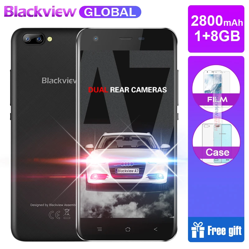 

Blackview A7 Mobile Phone Android 7.0 MTK6580A Quad Core 5.0 " 1GB 8GB 3 Cameras 3G WCDMA 2800mAh Dual SIM Smartphone