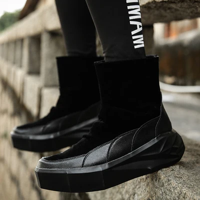 Черный Мужские ботинки на платформе, визуально увеличивающие рост, на каблуке 6 см; кожаная обувь с молнией сзади; мужские высокие ботинки смешанных цветов; цвет черный, белый - Цвет: Черный