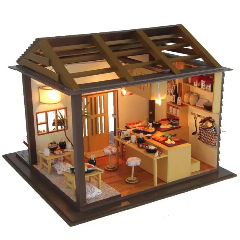 DIY Doll House Sushi Restaurant Handmade Craft Toys 3D Wooden Miniature Dollhouse with Furnitures Assemble Kits Toy Gift DIY Doll House Sushi Restaurant Handmade Craft Toys 3D Wooden Miniature Dollhouse with Furnitures Assemble Kits Toy Gift