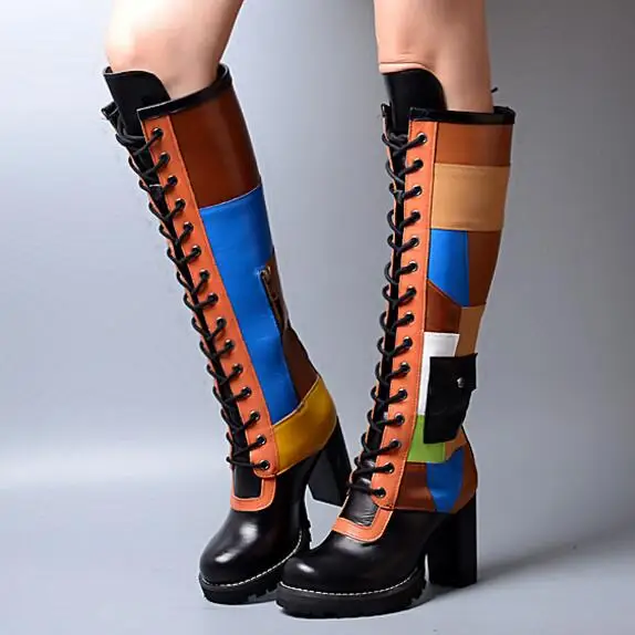 Tacones Oficina black red Invierno Pie 2017 Black Inside Rodilla Botas Marca Color Grueso Altos Leather La Fur Inside Dedo Zapatos De Inside Botines Multi Mujer Motocicleta Ronda Mujeres Del qSpYn87