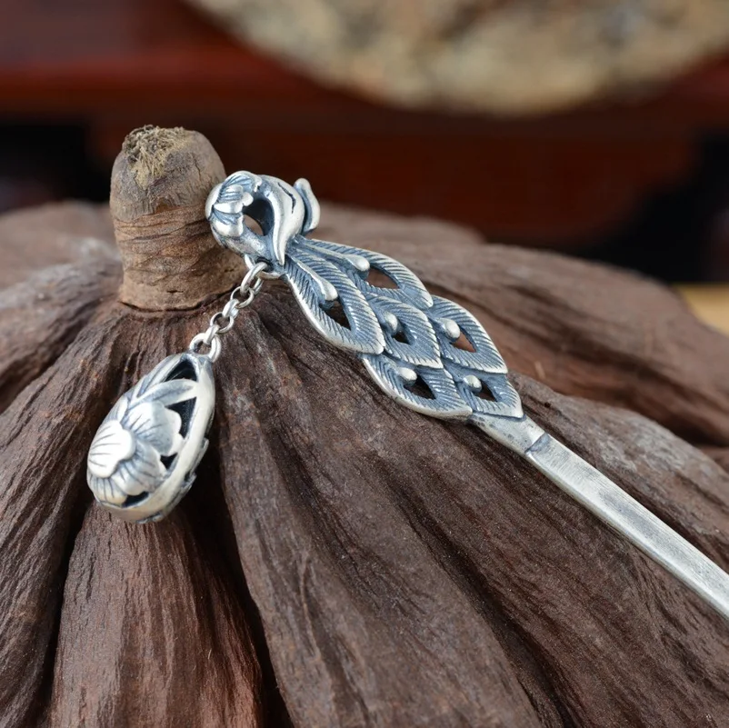 

100% real S925 sterling silver Antique old style female models phoenix wear peony hairpin gift