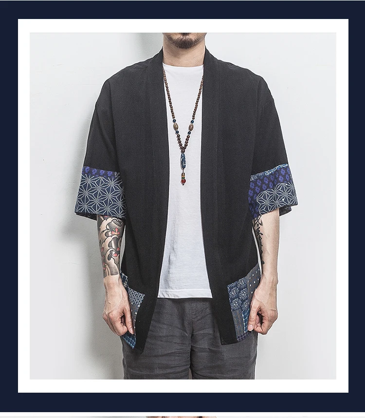 Men Kimono Traditional Open Stitch Shirt Men Cotton Linen Shirts Male Three Quarter Sleeve Shirt Harajuku Mens Clothing 5XL