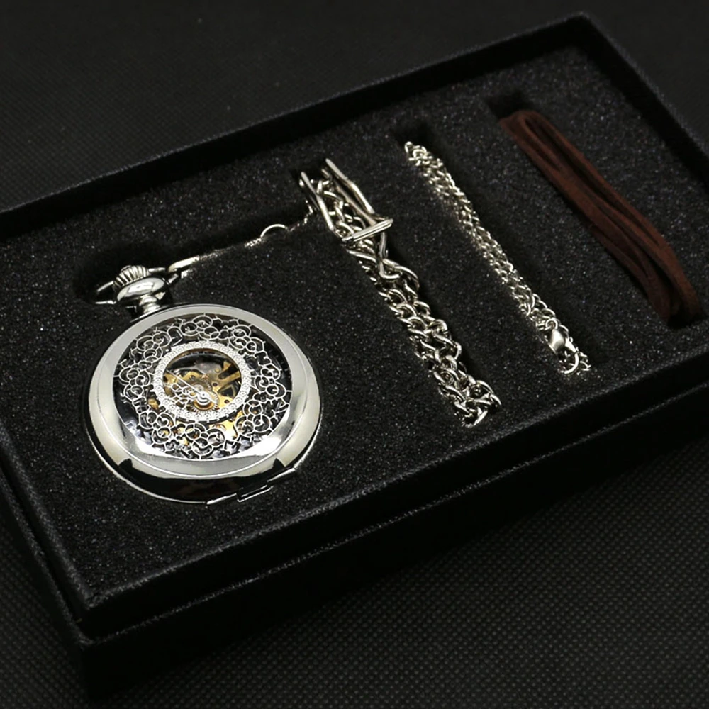 Antique Gift Set Skeleton Steampunk Mechaical Pocket Watch Hollow Carving Flower Pattern Pendant Clock + Gift Box Bag (2)