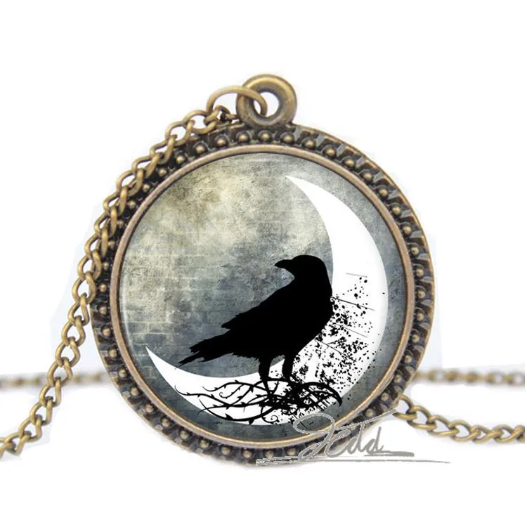Vintage Cabochon Glass Necklace Silver Charm animal pendants（crow Raven 