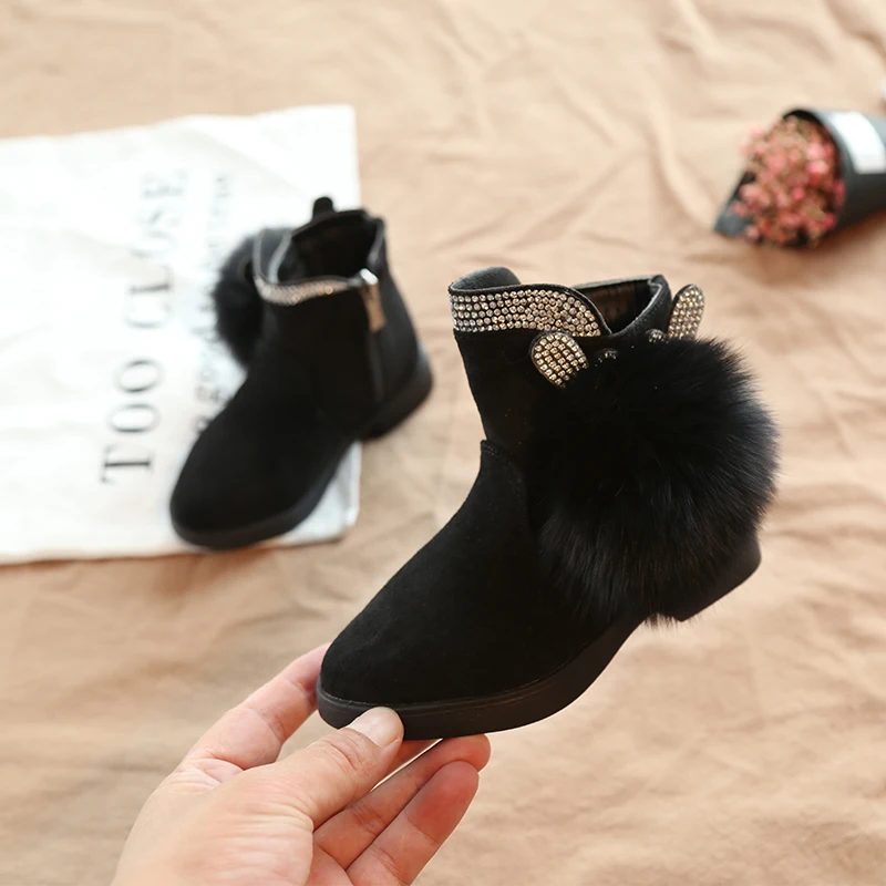 2018 Girls Rhinestone Glitter Boots with cashmere cotton, Bunny Ears, Kids lovely Fur Ball winter warm shoes, black and Red   (5)