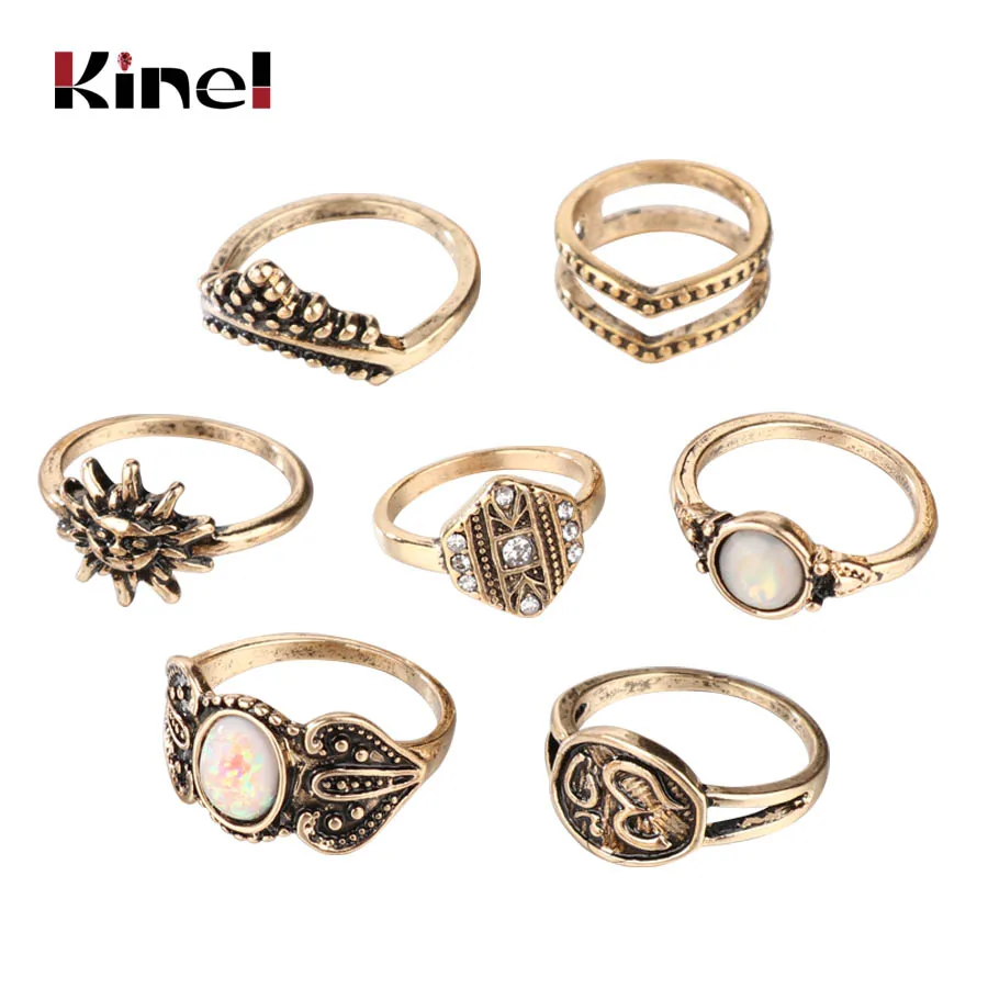 Kinel 7Pcs/Sets Punk Opal Midi Rings Set For Women Boho Crystal Knuckle