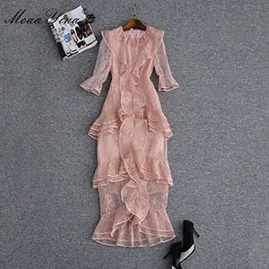 MoaaYina, дизайнерское подиумное платье, летнее, женское, с рукавами-бабочками, кружевное, выдалбливает, каскадные, с рюшами, для праздника, вечеринки, выпускного, элегантное платье - Цвет: Розовый