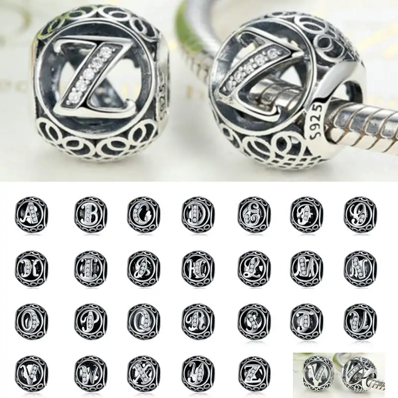 

Silver Plated Bead Charm Letter Clear 26 A-Z Alphabet Hollow Hole Beads Pendant Fit Women Men Bracelet Necklace DIY Jewelry