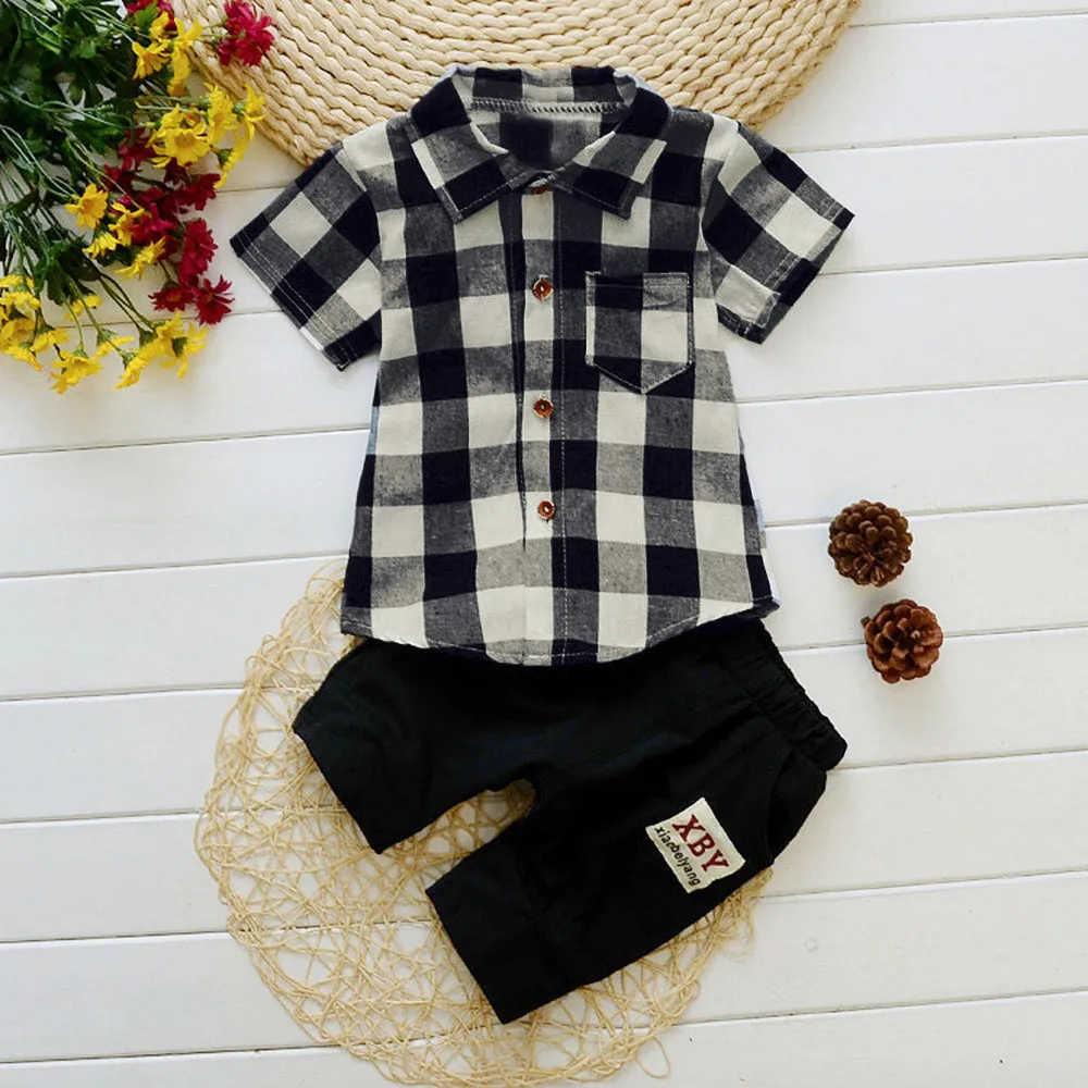 Toddler Kids Baby Boy Plaid T Shirt Tops+Shorts Pants Baby Boy Summer Clothes 2Pcs Outfits Clothes Set