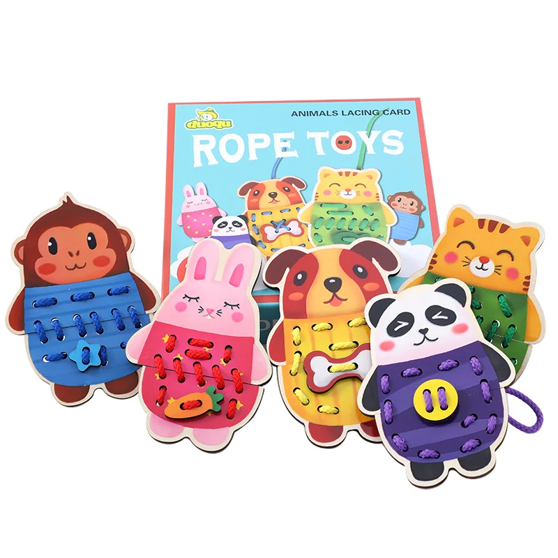 

2019 Toys for Kids Early Education Wooden Animal Diy Threading Version Baby Puzzle Hang Eye Coordination Wearing Rope Toy