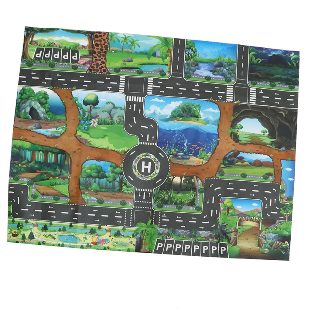 Dinosaur World Road Traffic System Playmat Activity Play Mat Carpet Educational Toy for Playing Cars & Train Track Playroom Fun
