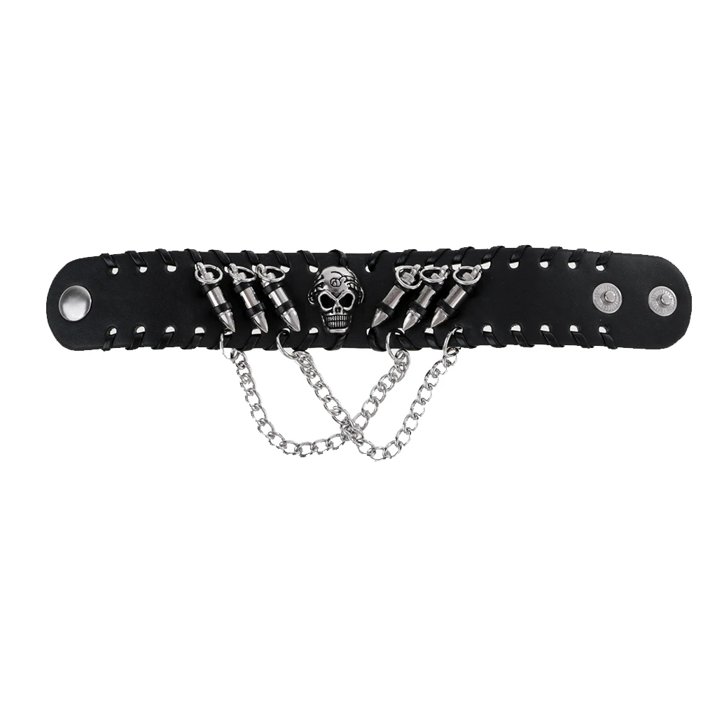 Punk Style Braclets for Men Women Black PU Leather Bangle Punk Skeleton Skull Wristband Bracelets Metal Chain