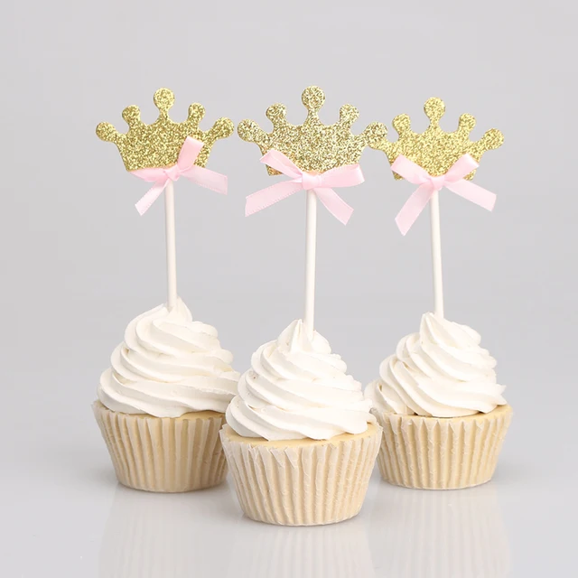 Us 2 99 Glitter Gold Silver Crown Pink Blue Bowknot Baby Girl Boy Cupcake Topper Birthday Party Baby Shower Cake Decoration 12count In Cake