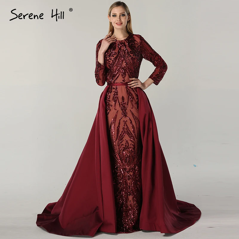 

Wine Red Vintage A-Line Fashion Evening Dresses 2019 New Sequined Appliques With Detachable Train Formal Dress BLA6613