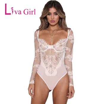

LIVA GIRL White Mesh Lace Transparent Bodycon Bodysuit Women Sexy See through Hollow Out Long Sleeve Mujer Jumpsuit Black Romper