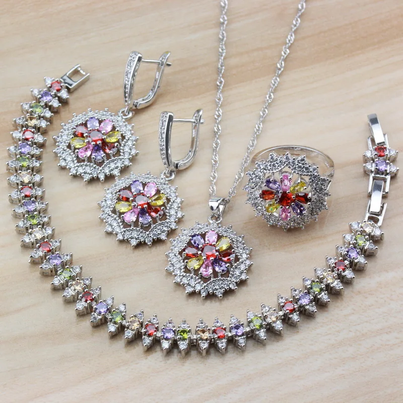 

2019 New Arrival Exclusive Rainbow Cubic Zirconia Accessories 925 Sterling Silver Jewelry Sets For Women Fashion Costume Sets
