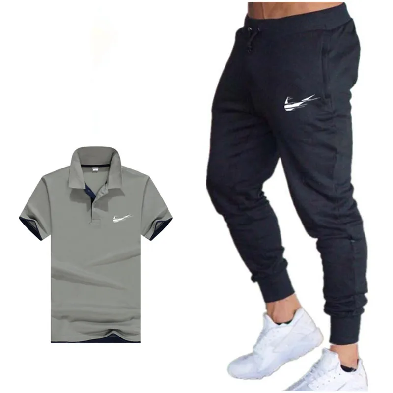 Лето 2019 г. мужские рубашки-поло модный спортивный костюм для мужчин комплект короткий рукав Casaul Slim Fit спортивные топы + шорт