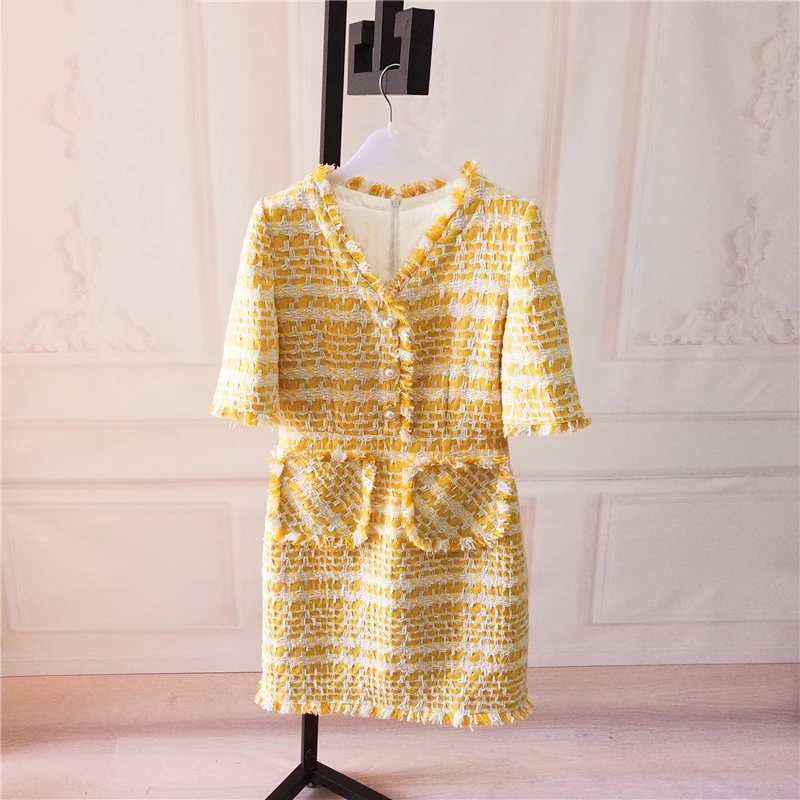 Желтое клетчатое твидовое платье осеннее и зимнее женское платье на заказ маленькое ароматное платье с кисточками на рукавах приталенное женское платье