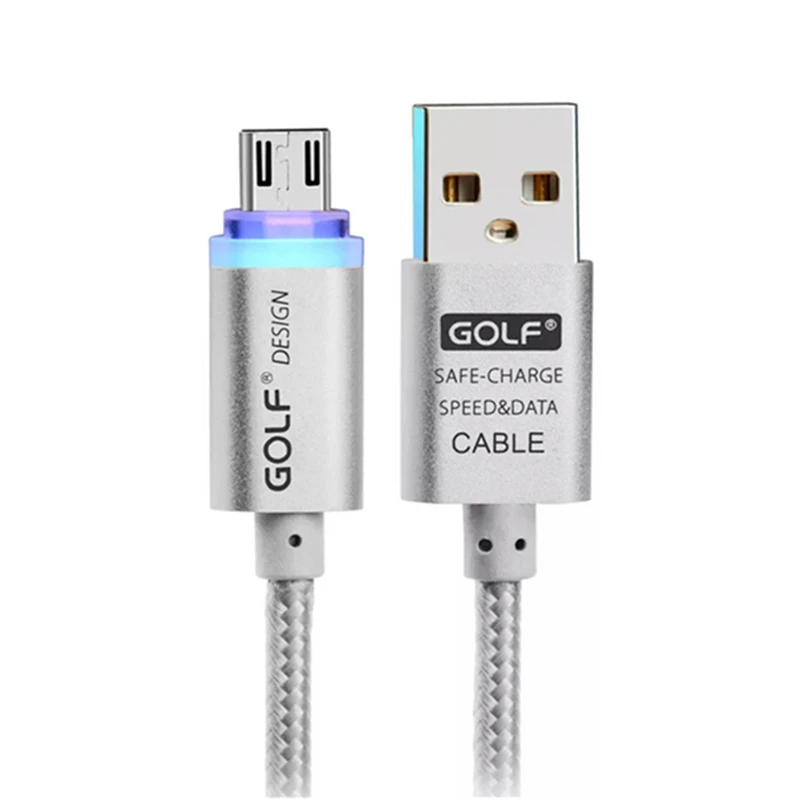 Golf 1 м металлический Плетеный умный светодиодный Micro USB кабель для синхронизации данных и быстрой зарядки для samsung S4 S6 S7 LG G3 G4 V10 Android кабели для зарядки - Цвет: Silver