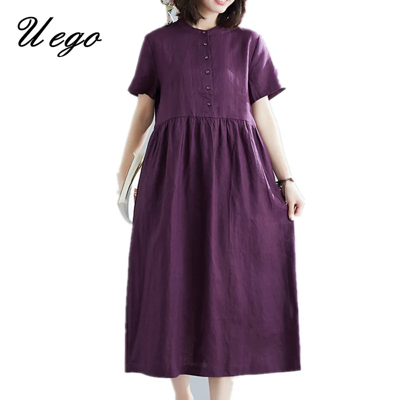 

Uego 2019 New Arrival Short Sleeve Loose Summer Dress Soft Cotton Linen Stand Collar Vintage Shirt Dress Women Casual Midi Dress