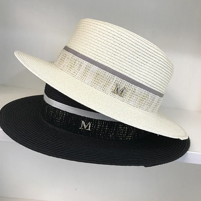 

5pcs/lot 01901-2018xi new Golden silk ribbon M letter leisure straw fedoras hat men women panama cap wholesale