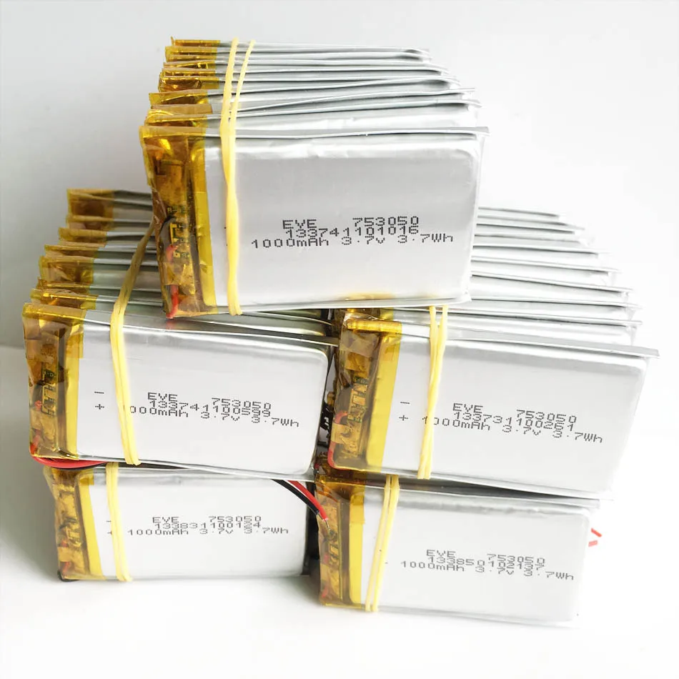 

Wholesale 50 pcs 3.7V 1000mAh 753050 Lithium Polymer LiPo Rechargeable Battery For DVD PAD Tablet PC Power bank speaker keyboard