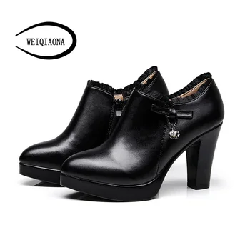

WEIQIAONA Winter Women Shoes Big Size 33-43 Lace Pointed Toe Short Boots High Heel Ladies Shoes Pumps Zipper Bow Crystal