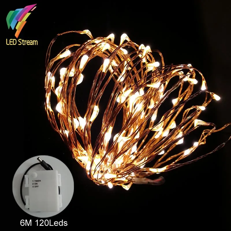 Copper wire 6M 120 leds String Light Outdoor waterproof TIMER 20 FT 3AA