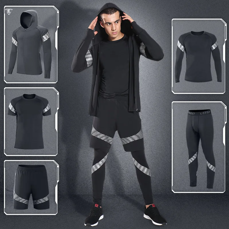 

2018 Sports Suits Men Quick Dry Running Jogging Sets Male Workout Fitness Tights Basketball Training Gym Suits Sportswear 5pcs