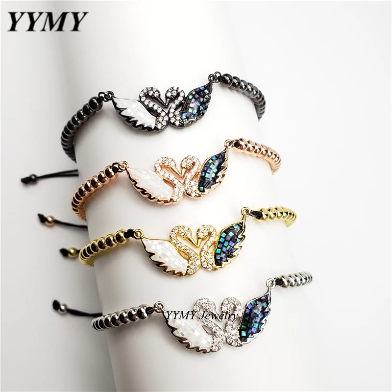 New Design Zircon and shell Double Swan Bangle Women Bracelets 4mm Copper Beads Valentine's Gift Bracciali Donna | Украшения и