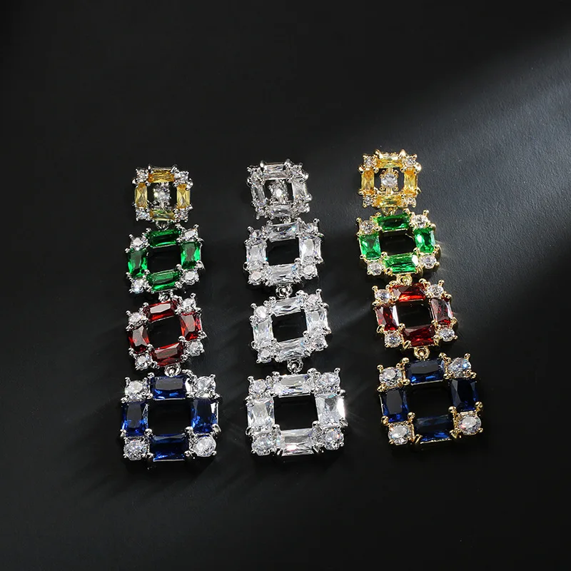 

Colorful Square Zircon Korean Women Long Dangle Earrings 2019 Brincos Silver Color Drop Earings Fashion Jewelry