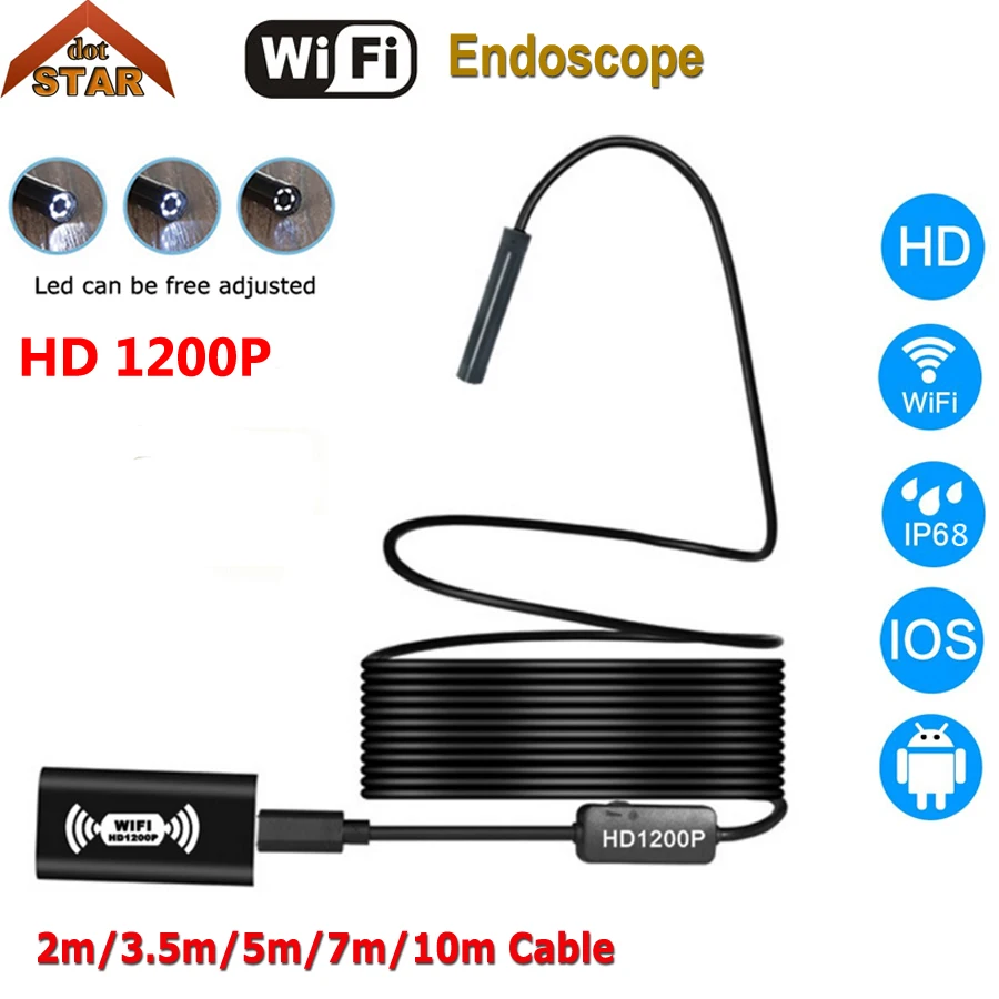 

Endoscope Camera HD 1200P IP68 Wifi Endoscope USB 2m 3.5m 5m 7m 10m Cable for iPhone iOS 8mm Lens Waterproof Endoscope Android