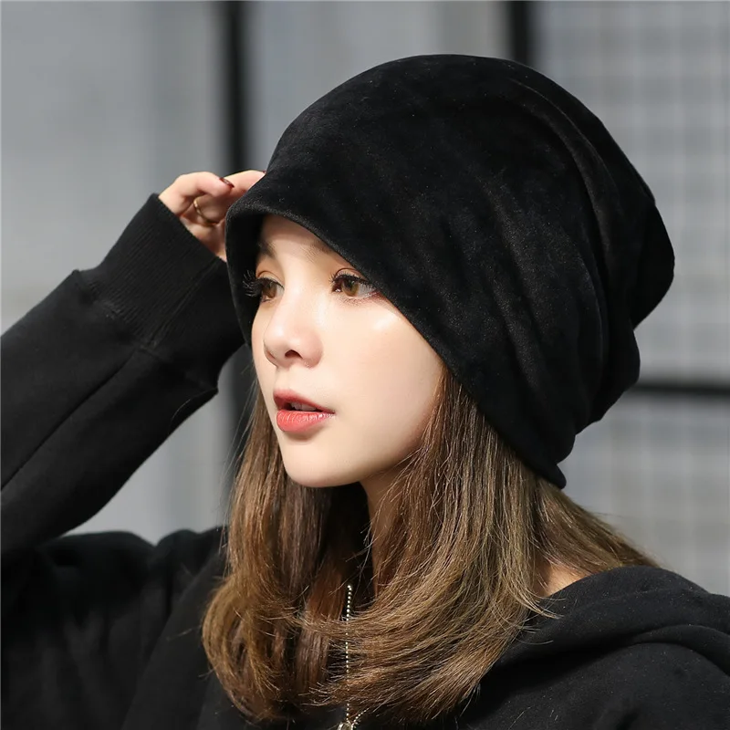 Autumn And Winter New Pattern Lint Head Cap Korean Solid Heap Hat Concise Leisure Time Earmuffs Baotou Confinement Hat - Цвет: Black