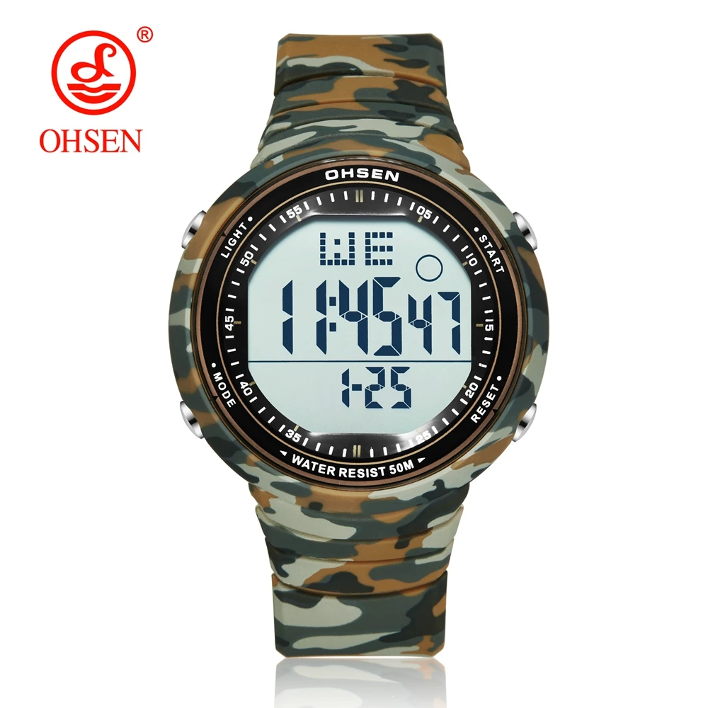 

OHSEN Digital LCD Sport Men Wristwatch Relogio Masculino 50M Waterproof Alarm Date Rubber Fashion camouflage Yellow Sport Watch